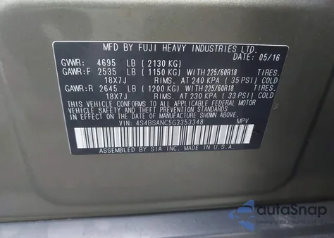 2016 Subaru Outback 2.5I Limited from USA, damaged, VIN 4S4BSANC5G3353348